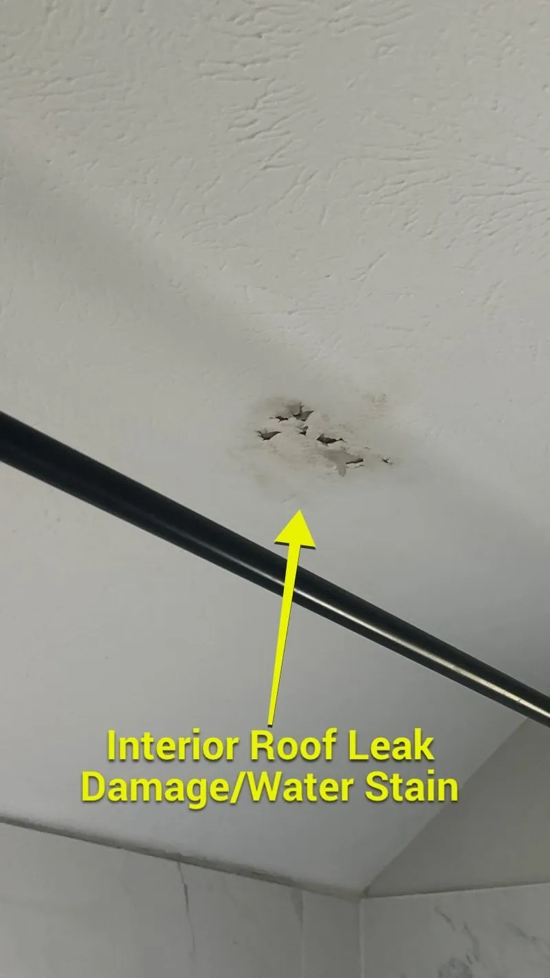 Where it surfaced inside — a brown roof-leak stain bleeding through the ceiling.